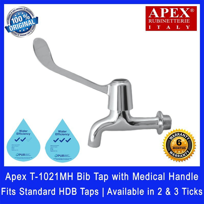 Apex T-1021MH Bib Tap with Medical Handle. Fits most HDB taps of 1/2 inch. Dimensions (L x W x H): 180 x 35 x 150 mm.