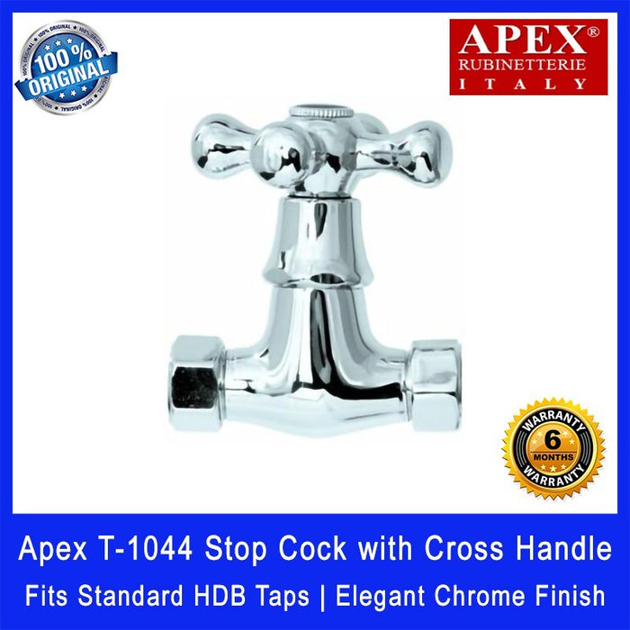 Apex T-1044 Stop Cock with Cross Handle. Fits most HDB taps of 1/2 inch. Dimensions (L x W x H): 80 x 70 x 95 mm.