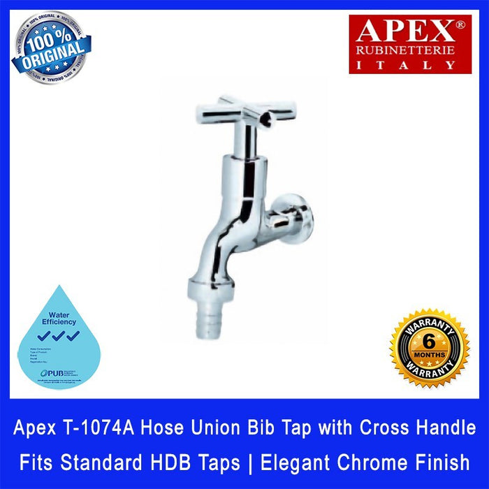 Apex T-1074A Hose Union Bib Tap with Cross Handle. Fits most HDB taps of 1/2 inch. Dimensions (L x W x H): 125x65x140 mm