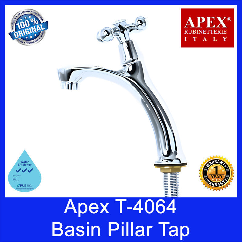 Apex Basin Pillar Tap with Cross Handle | T-4064 | Cold Tap | Brass Material | Chrome Finish | 3 Ticks | 1 Year Warranty