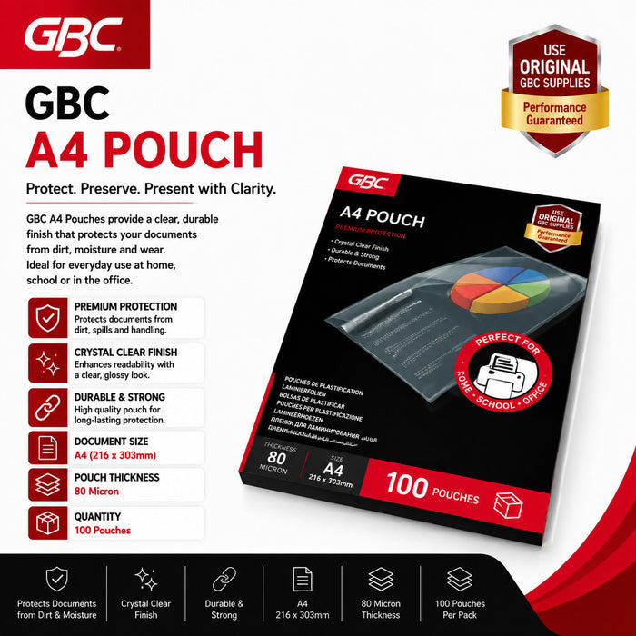 GBC Laminating Pouches | Size: A4 | Microns: 100 | Qty: 100 Pouches per pack