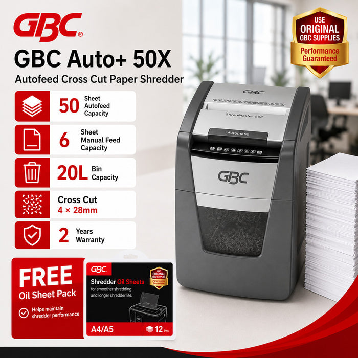 GBC Auto+ 50X AutoFeed Cross Cut Paper Shredder | 50 Sheets AutoFeed Capacity | Includes FREE GBC Oil Sheet Pack | 2 Years Warranty