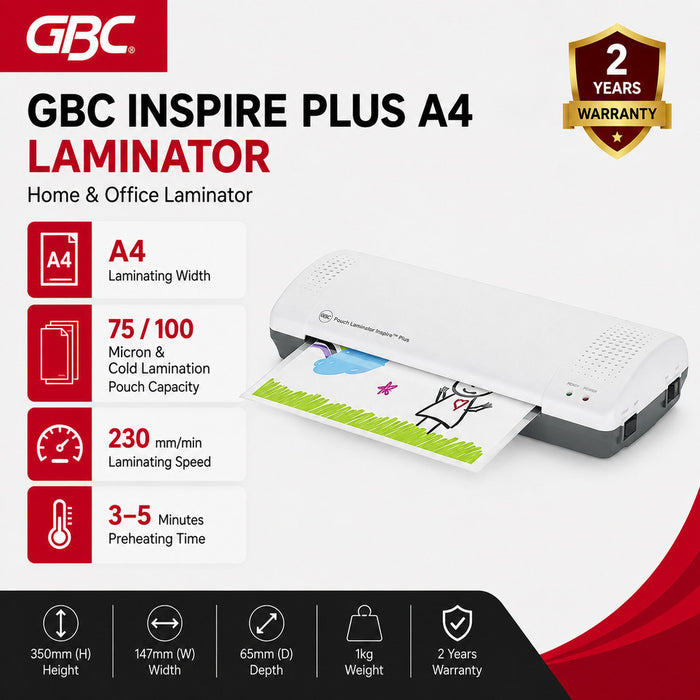 GBC Lamination Machine | Size: A4 | Model: Inspire Plus | Includes FREE GBC A4 Lamination Pouch Pack (100 Pouches)