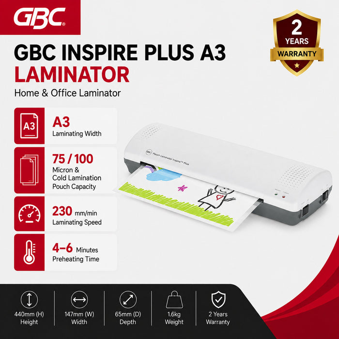 GBC Laminator Machine | Size: A3 | Model: Inspire PLUS | Includes FREE GBC A4 Pouch Pack (100 Pouches) | Home & Office Document Laminator