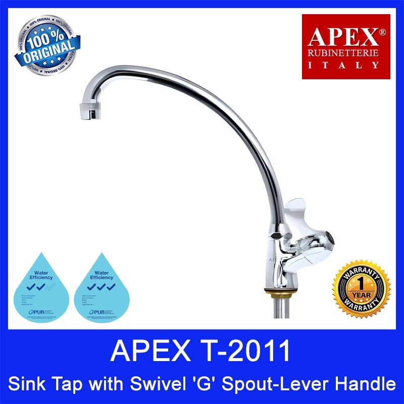 APEX T-2011-2 | T-2011-3 Sink Tap with Swivel 'G' Spout-Lever Handle. (L235 x W85 x H250mm). 2 and 3 Ticks. 1Yr Wty.