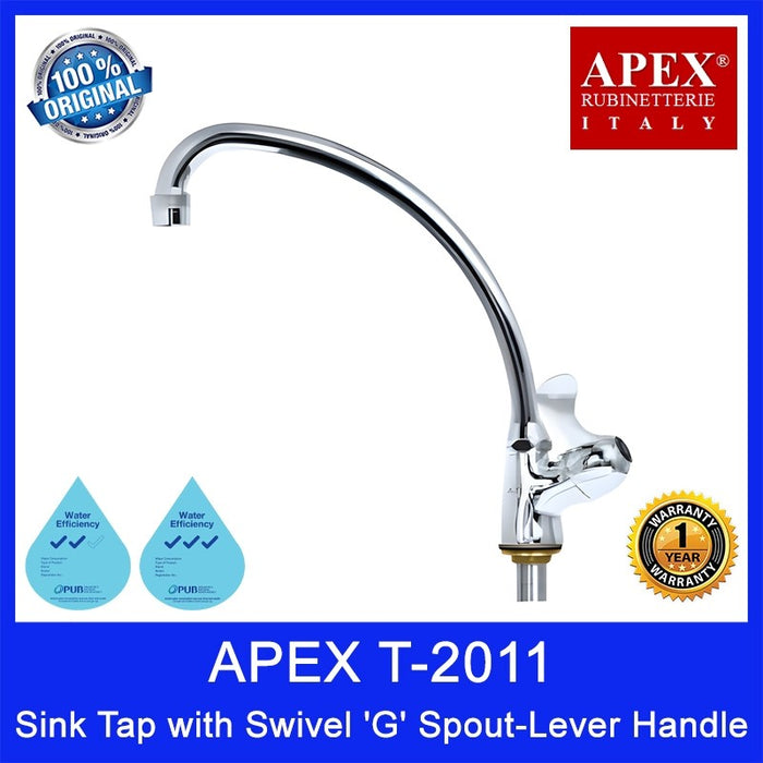 APEX T-2011-2 | T-2011-3 Sink Tap with Swivel 'G' Spout-Lever Handle. (L235 x W85 x H250mm). 2 and 3 Ticks. 1Yr Wty.